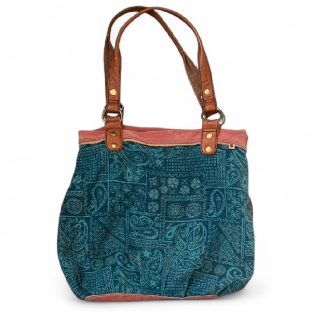 Y2K Lucky Brand Turquoise Paisley Print Leather Trim Tote Bag